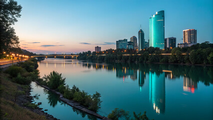 Naklejka premium The skyline of a bustling city stands tall against the backdrop of dusk. Lights flicker along the riverbank, creating reflections in the calm water as day turns to night