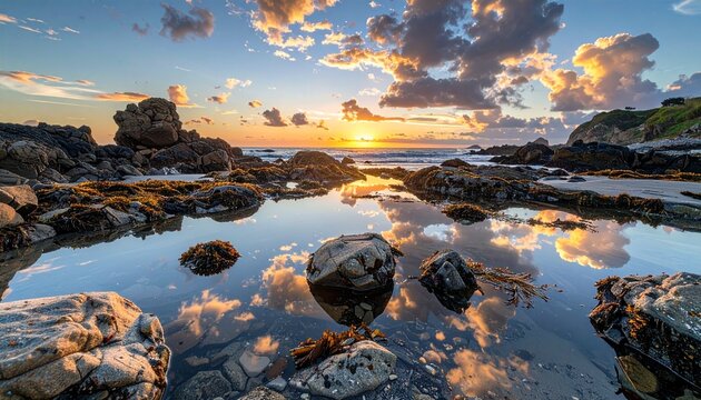 Stunning coastal landscape at sunset, featuring rocks, water reflections, and a vibrant sky. - Powered by Adobe