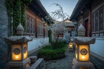Serene Courtyard in Traditional Chinese Architecture with Blooming Cherry Blossoms and Illuminated Stone Lanterns Casting a Warm Glow on the Ancient Stone Pathway