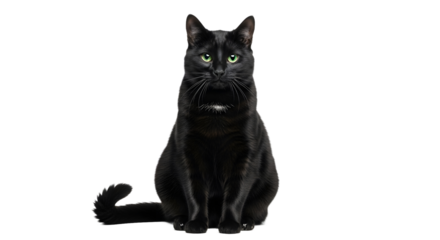 A sleek black cat with striking green eyes sits regally on a pure white backdrop