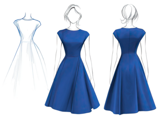 Fashion illustration of a knee-length dress showcasing front, side sketch, and back views
