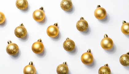 Golden Christmas Ornaments with Ribbons on White Surface
