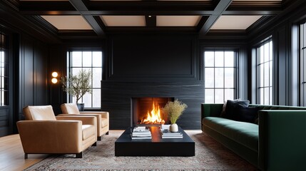 Luxurious living room featuring dark paneled walls, elegant furniture, a cozy fireplace, and large windows, creating a warm and inviting atmosphere for relaxation and gatherings