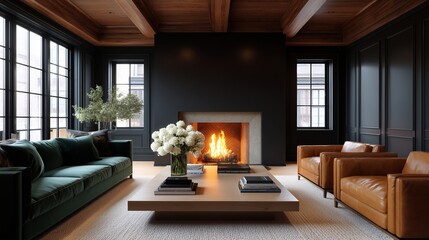 Fototapeta premium Luxurious living room featuring dark paneled walls, a cozy fireplace, elegant furniture, and a stylish coffee table, creating a warm and inviting atmosphere for relaxation