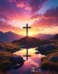 Silhouette of a cross on a hill at sunset, reflected in a lake