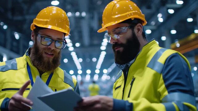 Workplace Safety, industrial workers in protective gear reviewing safety guidelines inside modern factory, glowing caution lights.