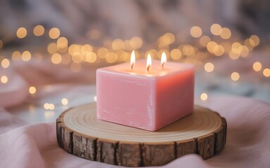 Square pink candle with three lit flames on a wooden slice, bokeh lights background