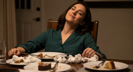 A woman leans back in her chair with a look of pure satisfaction and fullness after finishing a large delicious meal