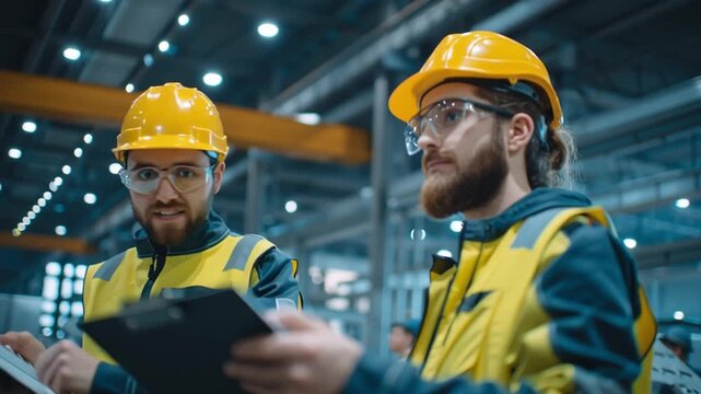 Workplace Safety, industrial workers in protective gear reviewing safety guidelines inside modern factory, glowing caution lights.
