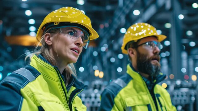 Workplace Safety, industrial workers in protective gear reviewing safety guidelines inside modern factory, glowing caution lights.