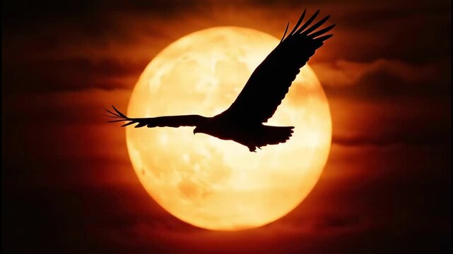 A majestic eagle silhouette flying in slow motion across a giant orange moon. Dramatic fantasy wildlife animation. Vertical video concept of freedom and power