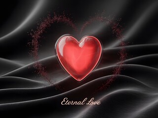 A Shimmering Red Heart Surrounded by a Delicate Red Splash Forming a Heart Shape on a Dark Silky Fabric Background Symbolizing Everlasting Love and Romance