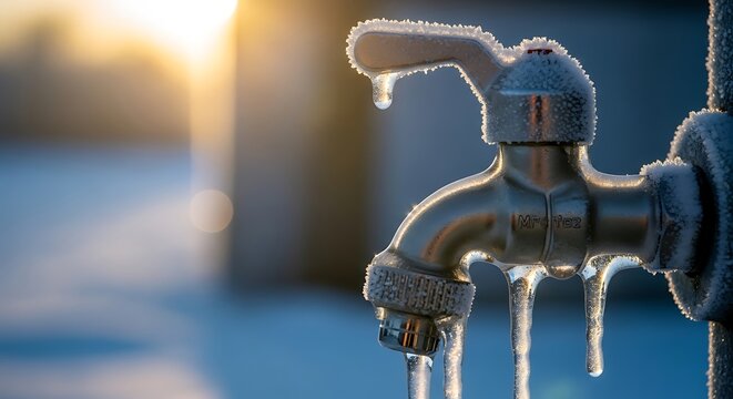 A frozen water pipe in winter, closeup, shallow depth of field. water tap covered with ice