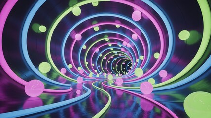 Journey through a vibrant neon light tunnel filled with glowing spheres and swirling colors creating a mesmerizing psychedelic experience