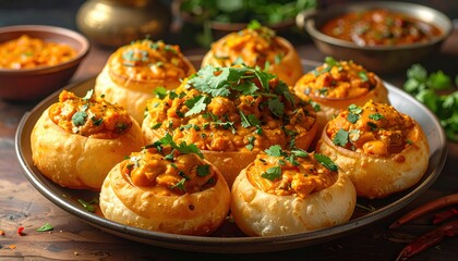 Delicious golden pastries filled with flavorful creamy orange curry and garnished with fresh green herbs are displayed on a rustic plate, along with various accompanying dishes, offering a tempting...