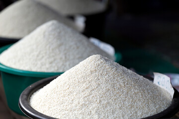 Selection of white rice for sale at a local market. Luang Prabang. Laos.