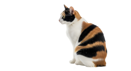 Calico cat with distinct black, white, and orange patches sitting on a white background