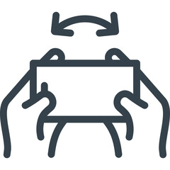 Line Art Icon Illustrating Hands Holding a Device in Landscape Orientation with Rotation Arrows Above on a Transparent Background