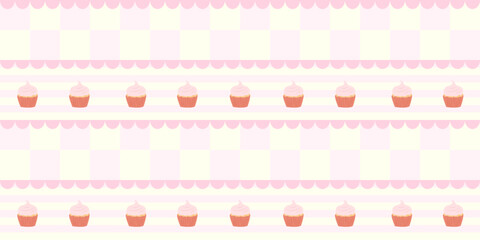 Cute seamless cupcake pattern in pastel pink and cream tones with striped and scalloped borders. Adorable design for bakery branding, packaging, or kids themes.