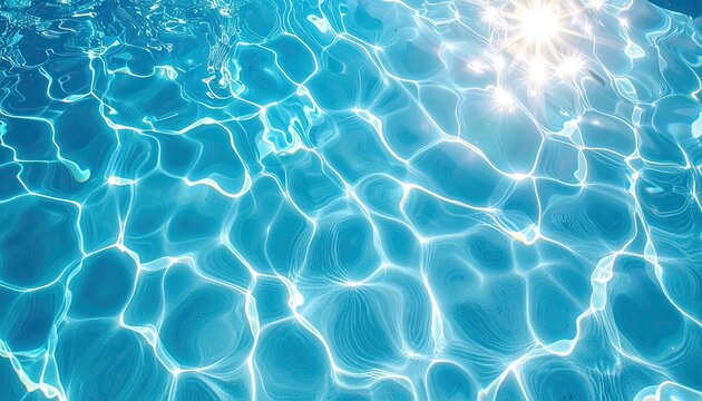 Sunlight reflecting on clear blue swimming pool water creating bright shimmering patterns and ripples on a sunny day overhead view