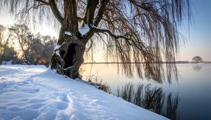 Winters Embrace - A Willow Tree by the Snowy Lake.