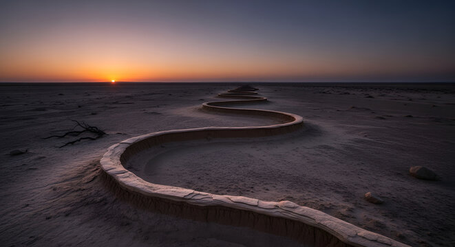A serene desert landscape at sunset featuring a unique winding snake-like geological formation leading towards the horizon