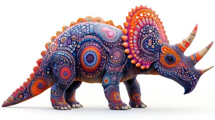 Fototapeta premium Colorful ornate Triceratops dinosaur, vibrant patterns, white background.