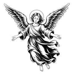 Elegant angel with outstretched wings and halo in vintage sketch style
