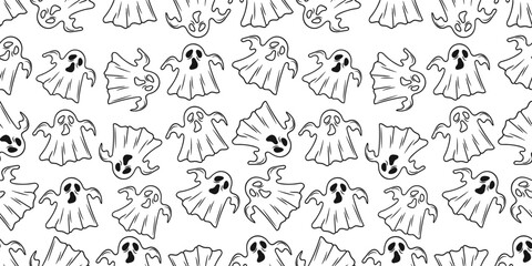 Hand Drawn Doodle Ghost Seamless Pattern Line Art. Spooky Halloween Textile Background.
