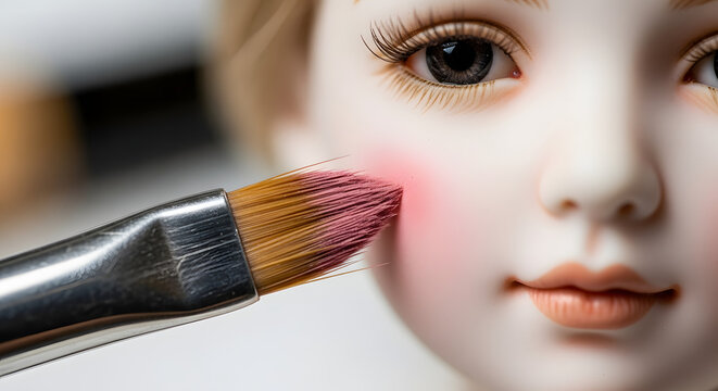 An artist applies pink blush with a makeup brush to the cheek of a realistic porcelain ball-jointed doll - Powered by Adobe