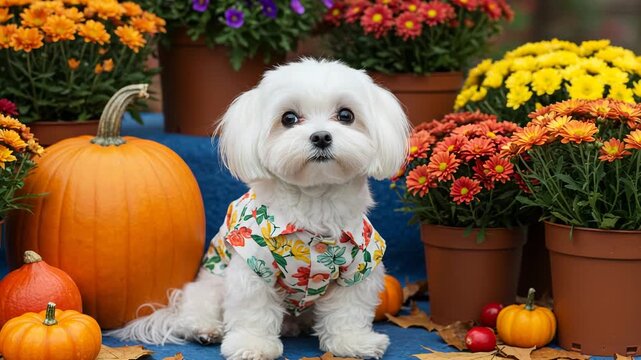 Cute maltese dog in a floral shirt with pumpkins and mums