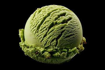 Close up of single scoop of creamy green tea ice cream against black background, showcasing its smooth texture and vibrant green color
