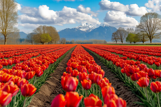 Rows of red tulips in field under blue sky. Spring flower farm with colorful blooming tulip bulbs creating vibrant agricultural landscape with mountains in background. - Powered by Adobe