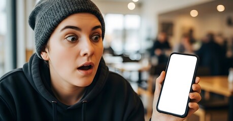 Surprised Woman Holding a Smartphone with Blank Screen - Perfect for App or Ad Mockup