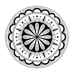 Intricate black and white mandala design with floral elements