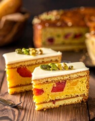 Sliced fruit cake with white icing and pistachio nuts, wooden backdrop