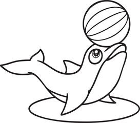 Obraz premium Cartoon Dolphin Balancing Ball Outline Vector Illustration