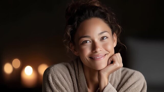 Smiling young woman enjoying peaceful and relaxing time at home