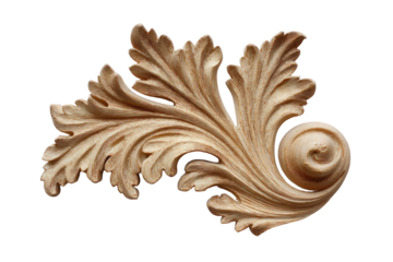 Ornate, carved wooden flourish in relief, featuring stylized acanthus leaves and a scroll