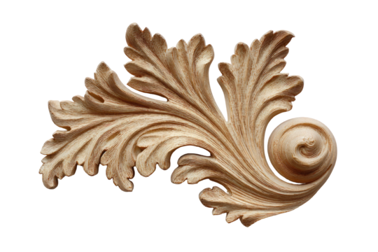 Ornate, carved wooden flourish in relief, featuring stylized acanthus leaves and a scroll