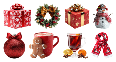 PNG Festive holiday decorations and treats, element set on transparent background