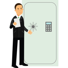 Man in black suit holding documents standing next to a large light gray safe with digital keypad and wheel on transparent background cartoon style