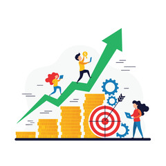 Fototapeta premium People climbing up a rising financial graph with coins and targets.