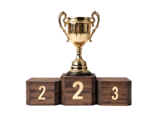 Golden trophy on wooden podium with numbers representing the winners
