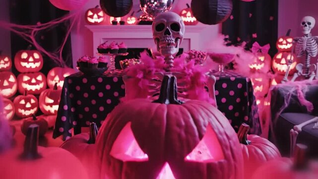 room filled with hot pink jack o lanterns and halloween decorations for a bold party installation saturated with neon pink energy