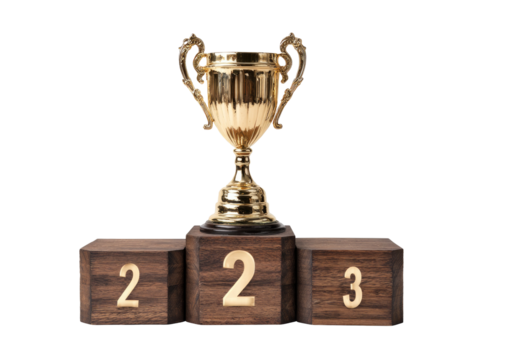 Golden trophy on wooden podium with numbers representing the winners