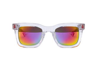 Clear frame sunglasses with colorful rainbow gradient lenses, isolated on a black background