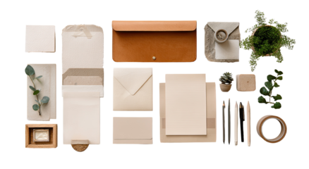 Overhead shot of arranged stationary envelopes, paper, greenery, and leather goods on a dark surface