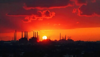 Industrial Cityscape Sunrise A dramatic sunrise over an industrial cityscape. The silhouettes of factories, smokestacks, and industrial buildings are outlined against a sky ablaze with warm orange,