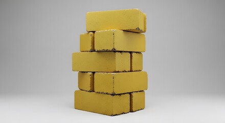 Six yellow construction bricks stacked in a column against a grey background, symbolizing foundational strength, building, and architectural development